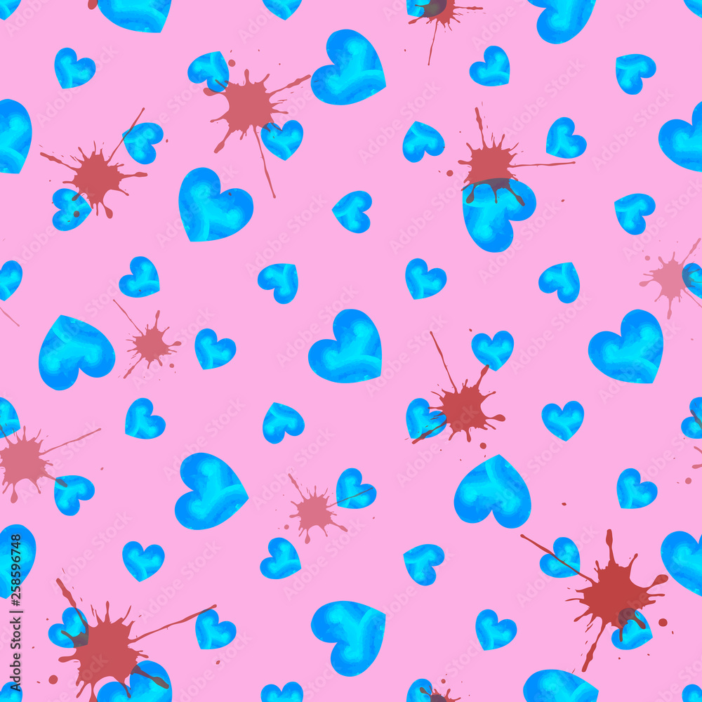 Seamless pattern of blue watercolor hearts of different size and burgundy spots.