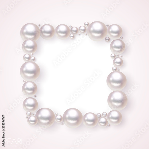 Pearl frame background. Vector fashion pearls border for wedding, anniversary or invitation. Banner with frame from pearls for design illustration