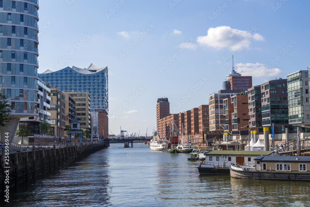Hamburg, Germany - September 04, 2018: Hamburg city canal and modern buildings, Hafencity Hamburg Germany