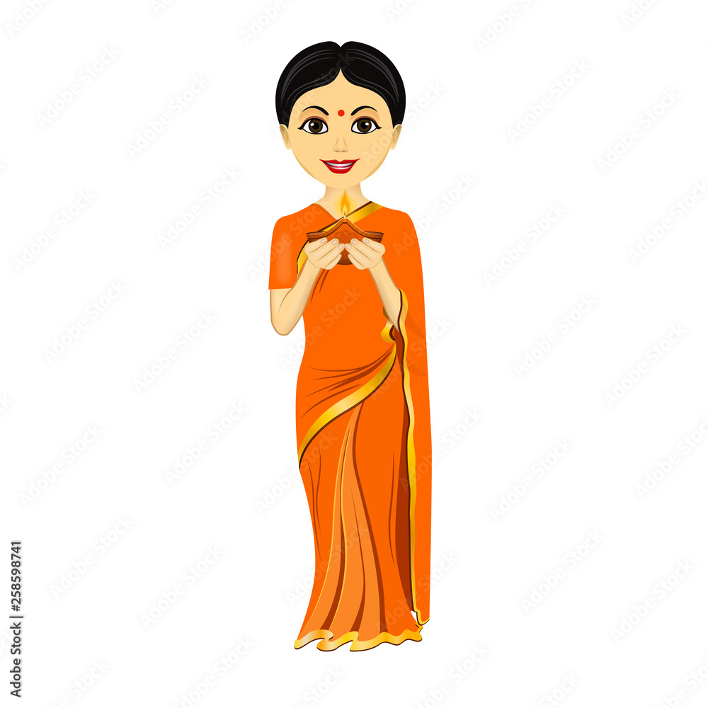 Cartoon character of Indian woman with Diwali diya vector illustration  Stock Vector | Adobe Stock