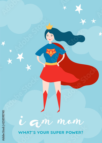 Mothers Day Greeting Card with Super Mom. Superhero Mother Character in Red Cape Design for Mother Day Poster, Banner, Background. Vector flat cartoon illustration