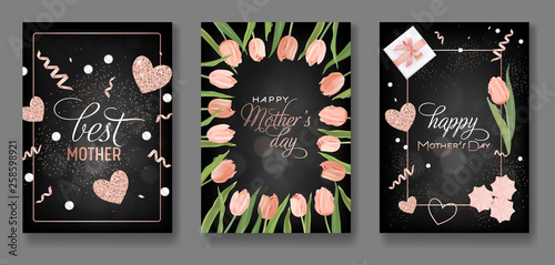 Mothers Day Greeting Card Design Set. Happy Mother Day Flyer with Tulip Flowers, Gifts and Golden Glitter Hearts for Poster, Banner, Invitation. Vector illustration