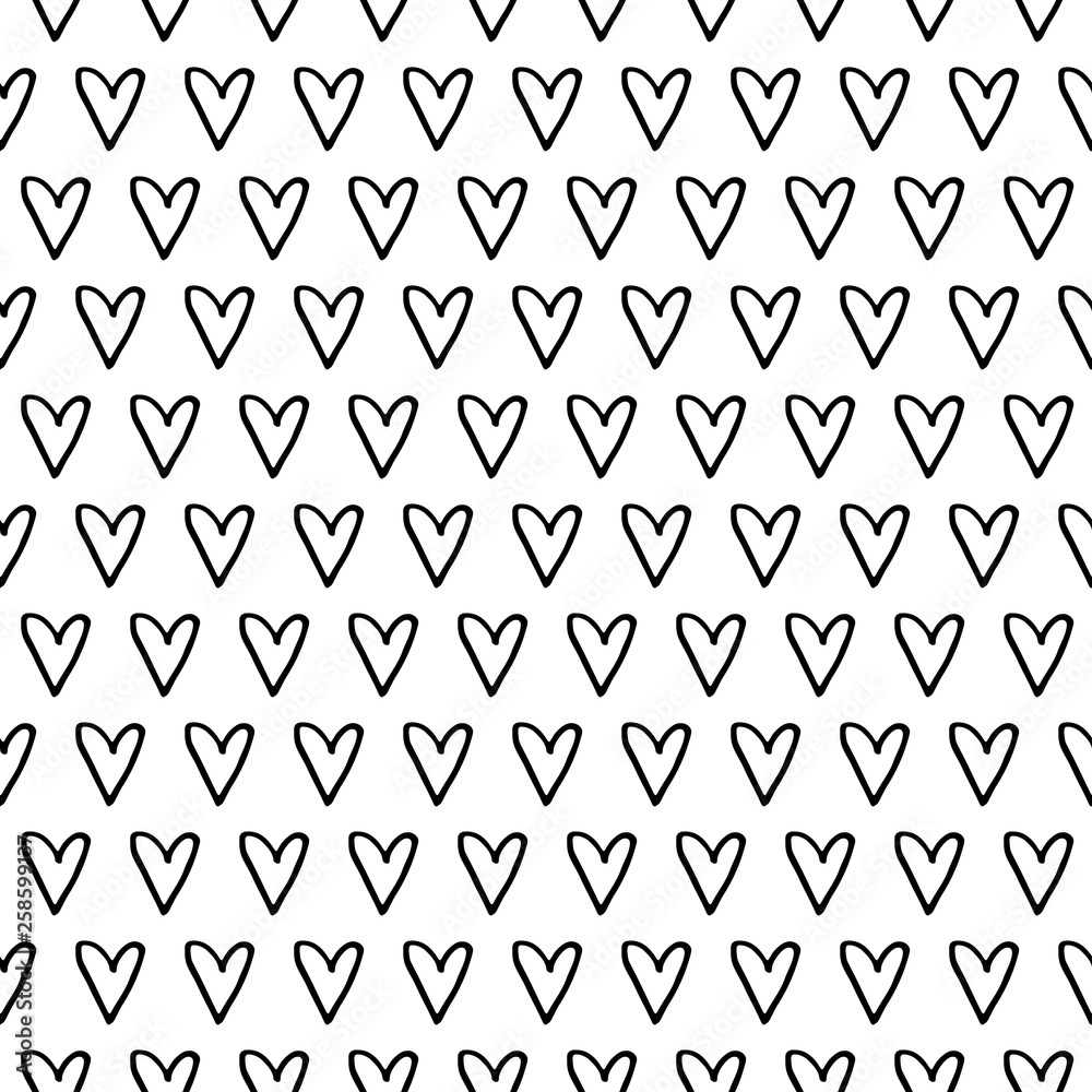 Cute cartoon heart pattern with hand drawn hearts. Sweet vector black and white heart pattern. Seamless monochrome heart pattern for textile, wallpapers, wrapping paper, cards and web.