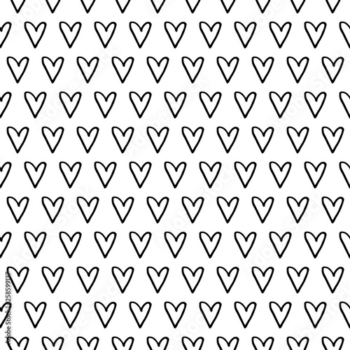 Cute cartoon heart pattern with hand drawn hearts. Sweet vector black and white heart pattern. Seamless monochrome heart pattern for textile, wallpapers, wrapping paper, cards and web.