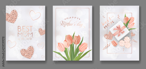 Mothers Day Greeting Card Design Set. Happy Mother Day Flyer with Flowers, Gifts and Golden Glitter Hearts for Poster, Banner, Invitation. Vector illustration