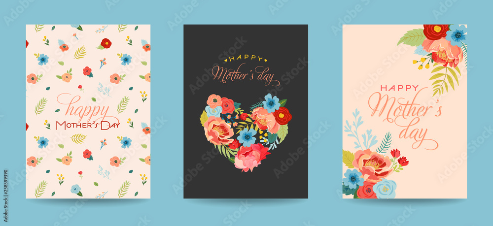 Mothers Day Greeting Card Set with Flowers Bouquet. Happy Mother Day Floral Banner. Best Mom Poster, Flyer Spring Celebration Design. Vector illustration