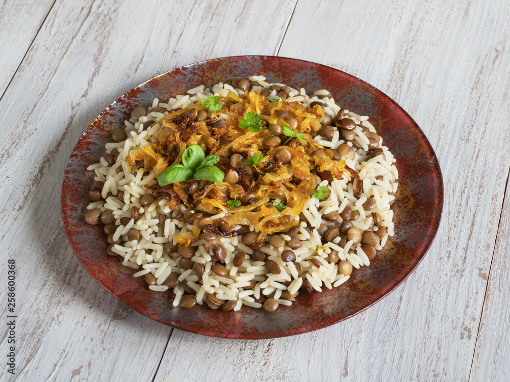 Mujadarra - arabian dish with rice and lentils. Mujadarra - arabian dish with rice and lentils.