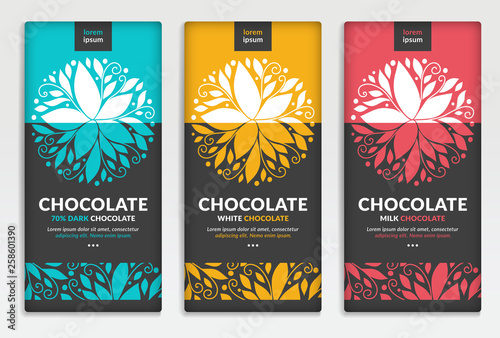 Colorful packaging design of chocolate bars. Vintage vector ornament template. Elegant, classic elements. Great for food, drink and other package types. Can be used for background and wallpaper. 