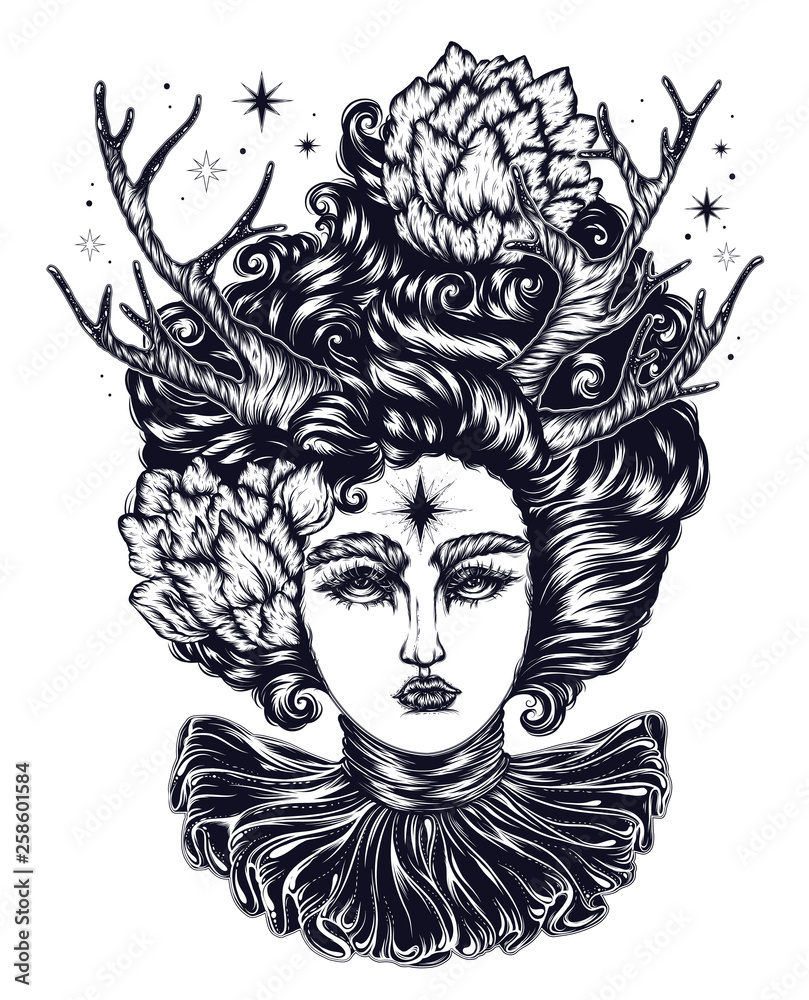 JPEG magical forest fairy with curly hair with flowers. A fantastic goddess demon with horns of a deer, and ruffle collar. Linear decorated graphic. Mythological characters tattoo art, print t-shirt JPEG magical forest fairy with curly hair with flowers. A fantastic goddess demon with horns of a deer, and ruffle collar. Linear decorated graphic. Mythological characters tattoo art, print t-shirt
