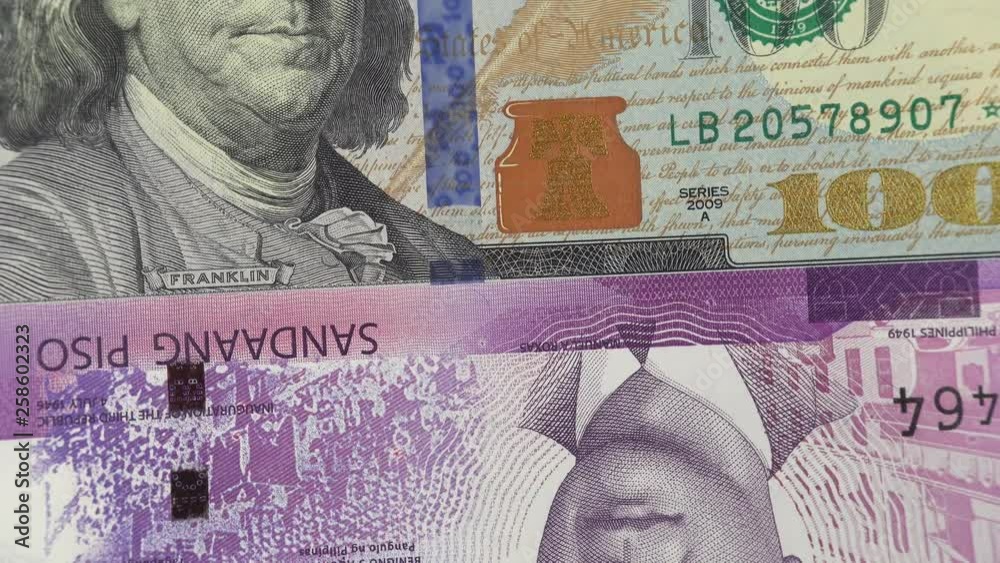 Philippine peso vs US dollar bill rotating. Philippines and USA relations. 4K stock video footage