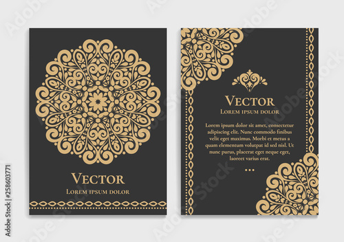 Gold vintage greeting card design with a black background. Luxury vector ornament template. Mandala. Great for invitation, flyer, menu, brochure, wallpaper, decoration, or any desired idea.