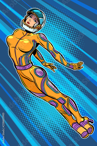 beautiful woman astronaut hero flying up
