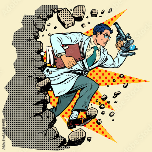 scientist with microscope breaks a wall, destroys stereotypes