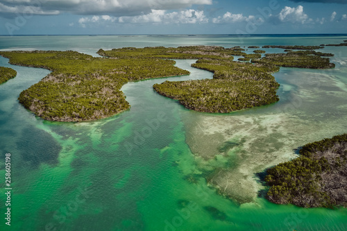 Drone photo of the Florida Keys and Everglades with mangroves and sandbars 