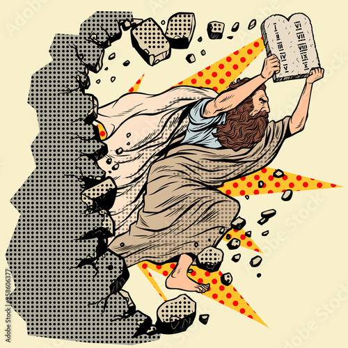 Moses with tablets of the Covenant 10 commandments breaks a wall, destroys stereotypes