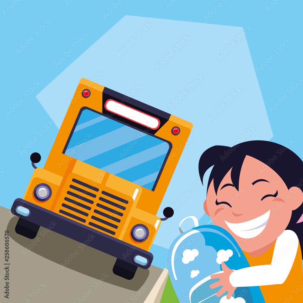 happy little schoolgirl with schoolbag in the bus stop happy little schoolgirl with schoolbag in the bus stop