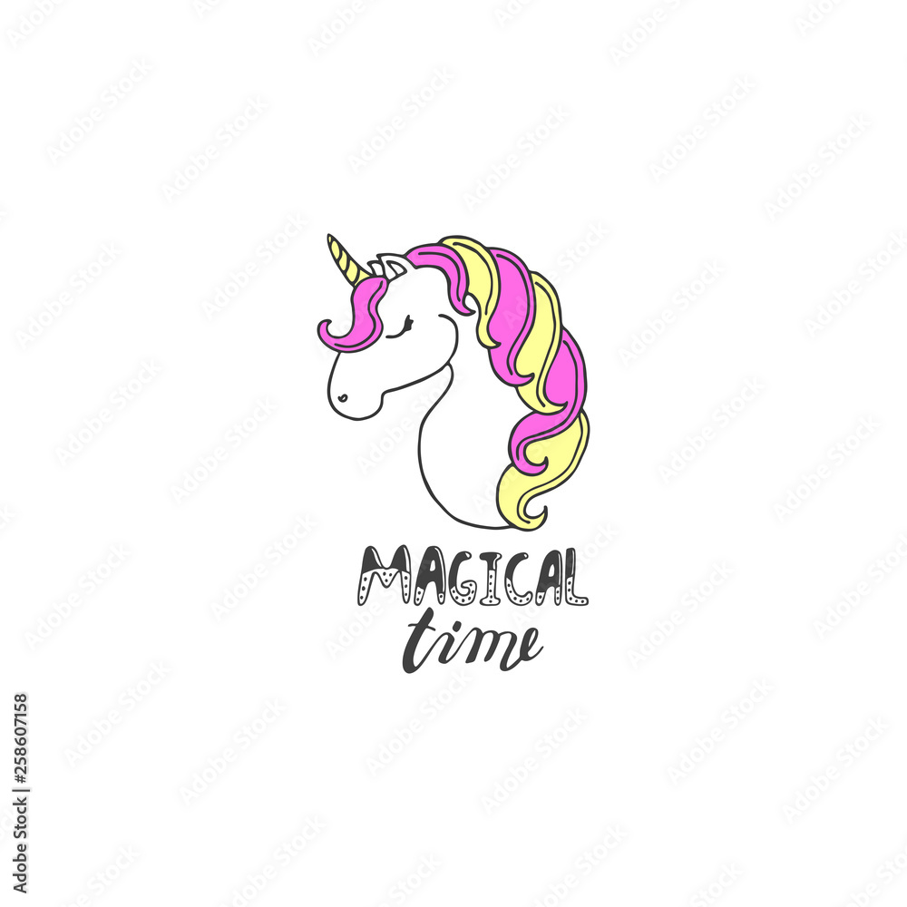 Obraz premium Hand drawn illustration with unicorn and lettering 