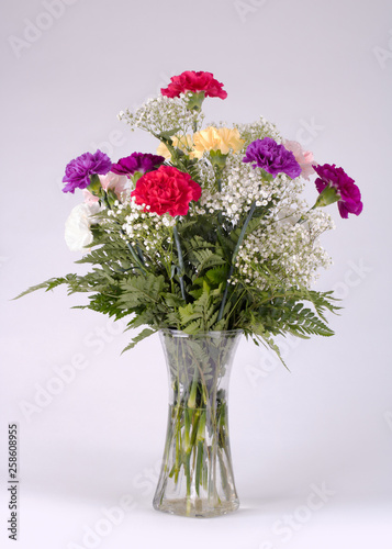 Flower arrangement of carnations in a vase isolated on white © James Carroll