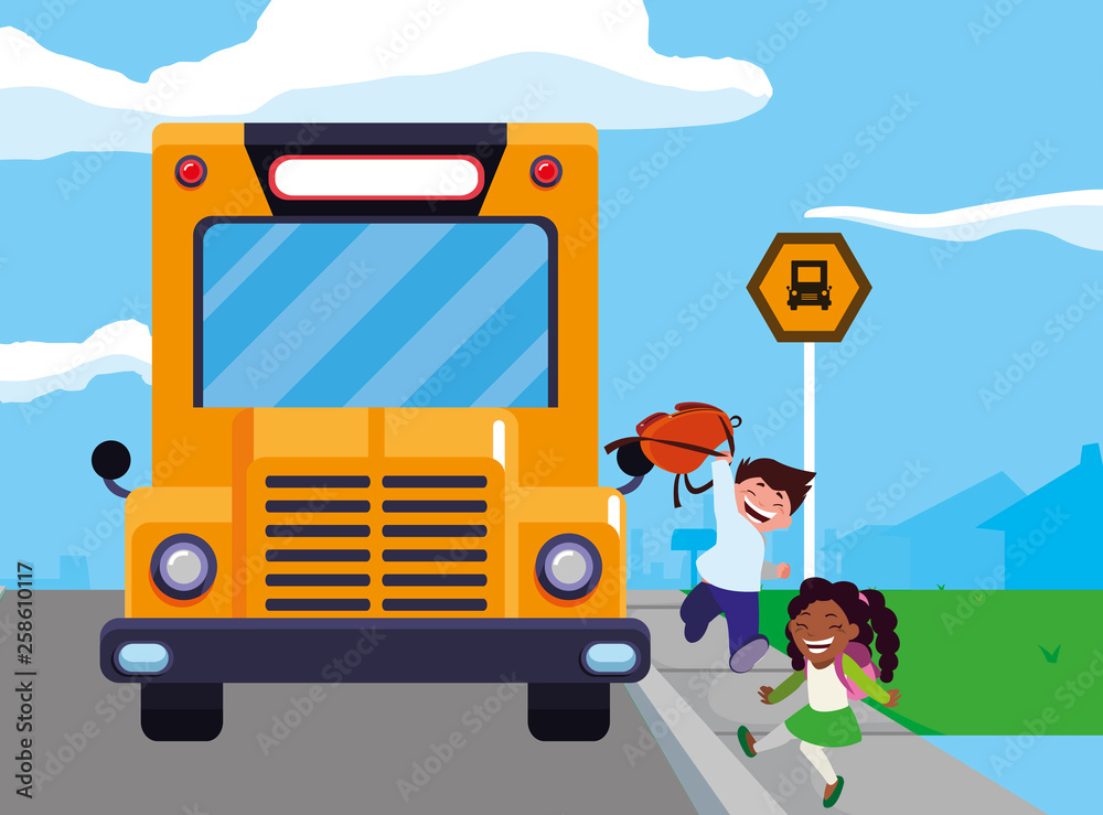 happy little interracial school kids in the bus stop happy little interracial school kids in the bus stop