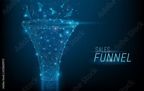 Sales funnel designed in 3D polygonal style,consisting of points, lines, and shapes on dark blue background. Vector big data or sales marketing funnel concept. photo