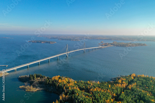 Raippaluoto  Finland - October 14  2018  Longest bridge of Finland at Raippaluoto captured with drone on sunny day