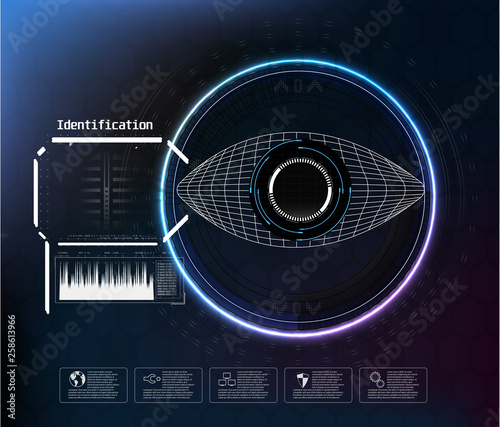 Icon on blue backdrop. Digital eye hud ui. Art design. Vector medicine illustration. Eye vector icon. Futuristic technology style. Identification system scanning. 