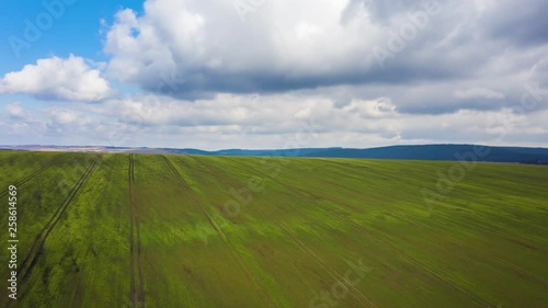 Wallpaper Mural View from the height on rural landscape: green field and picturesque clouds in the sky. Aerial hyper lapse Torontodigital.ca