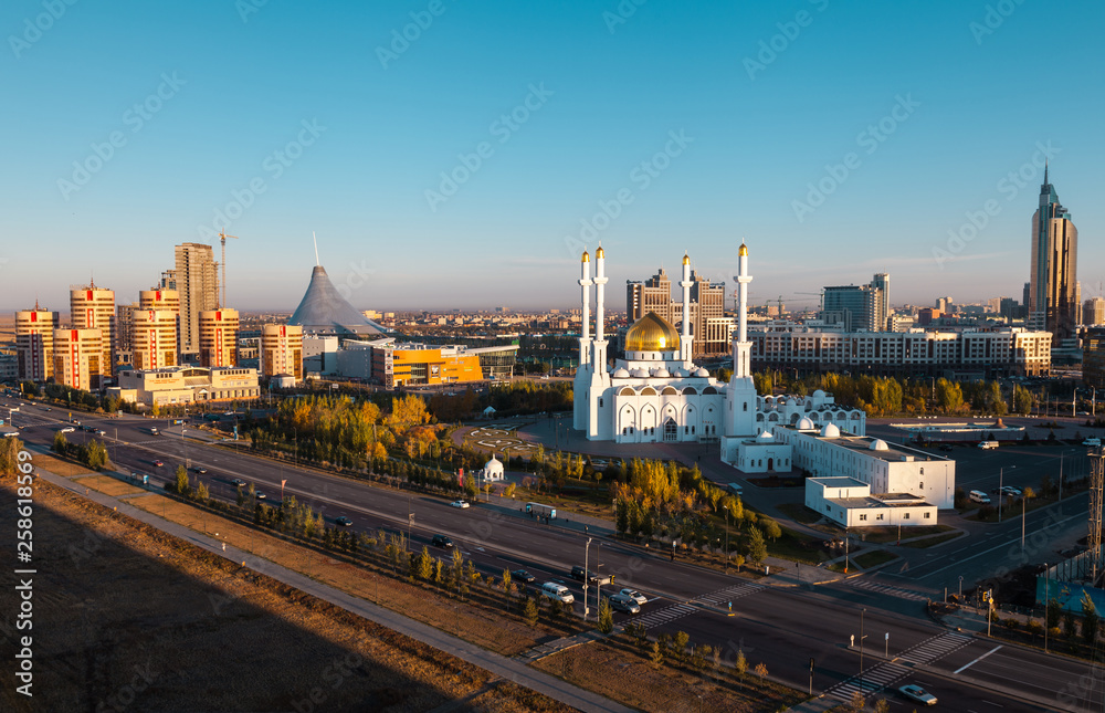 Kazakhstan, Astana, Nur-Sultan Mosque Nur-Astana in morning sunlight rays, panoramic top view