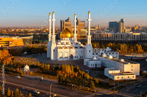 Kazakhstan, Astana, Nur-Sultan Mosque Nur-Astana in morning sunlight rays, panoramic top view