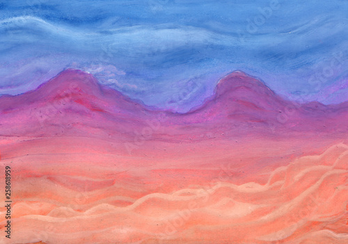 Orange-pink abstract clouds on blue sky background in gouache