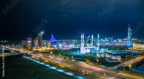 Mosque Nur-Astana and Khan-Shatyr in night illumination  panoramic top view  Kazakhstan  Astana Nur-Sultan