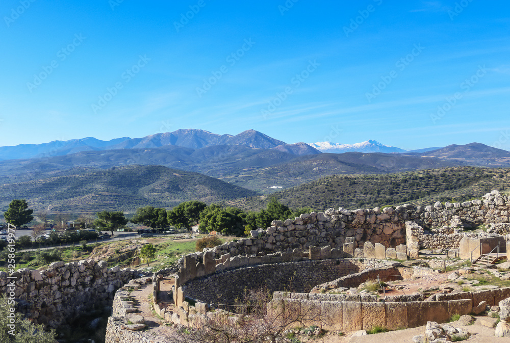 View looking down at Mycenae Greece - The fortified citadel nested over the fertile plain of Argolis near the seashore in the northeast Peloponnese - from the late Bronze Age era