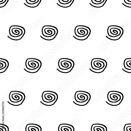 Abstract spiral pattern with hand drawn spirals. Cute vector black and white spiral pattern. Seamless monochrome spiral pattern for fabric, wallpapers, wrapping paper, cards and web backgrounds.