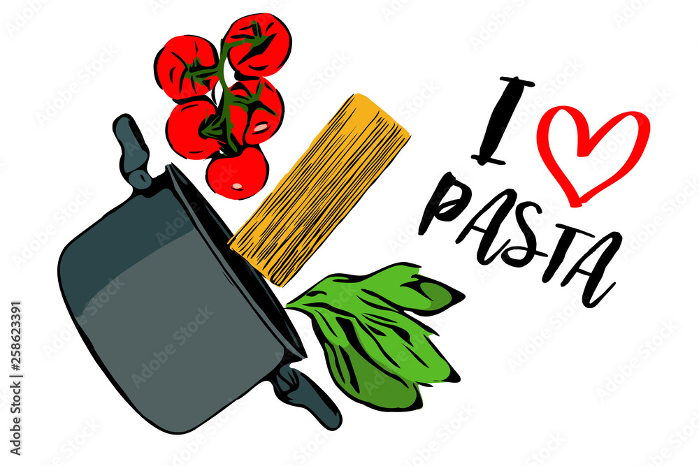 I love Pasta text with red heart. Green herbs, brunch of red cherry