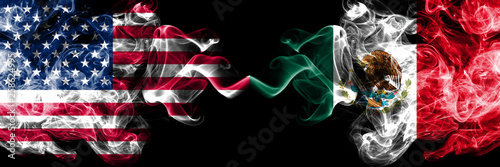 United States of America vs Mexico, Mexican smoky mystic flags placed side by side. Thick colored silky smoke flags of America and Mexico, Mexican photo