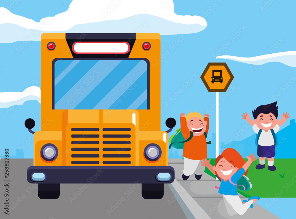 happy little school kids in the bus stop happy little school kids in the bus stop