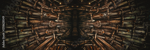 Metal knight swords background. Panoramic web banner with copy space. The concept Knights.