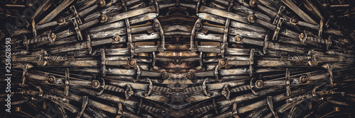 Metal knight swords background. Panoramic web banner with copy space. The concept Knights.