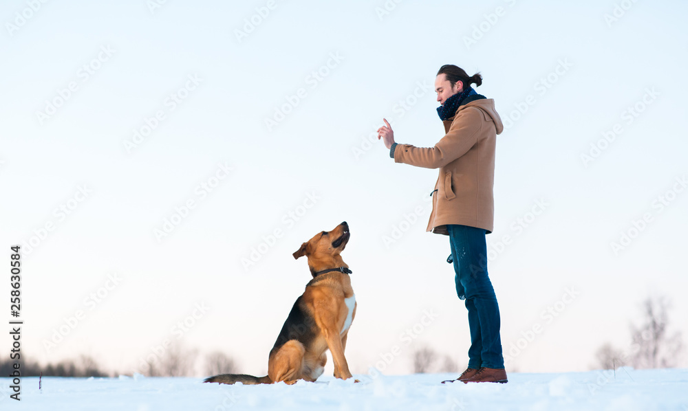Man playing with big mixed breed dog in winter landscape. Man playing with big mixed breed dog in winter landscape.