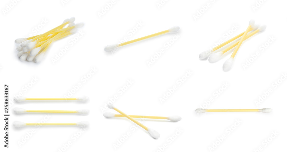 Set of clean cotton swabs on white background Set of clean cotton swabs on white background