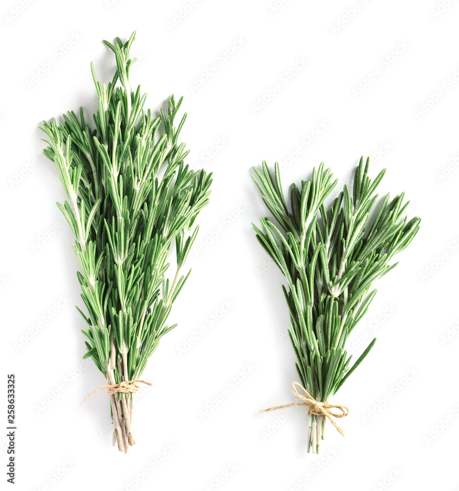 Set of fresh rosemary twigs on white background, top view Set of fresh rosemary twigs on white background, top view