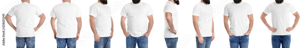 Overweight man before and after weight loss on white background, closeup Overweight man before and after weight loss on white background, closeup