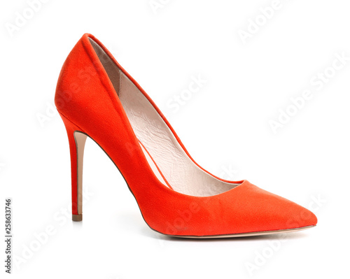 Stylish high heel shoe on white background