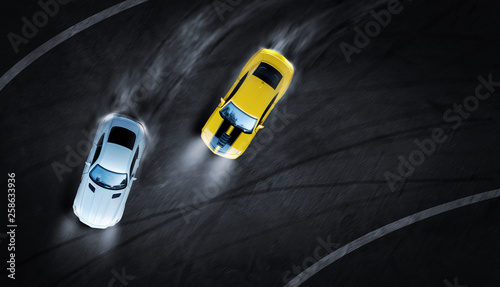3D rendering aerial top view two cars drifting battle the night time on race track, Two race cars view from above.