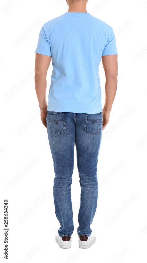 Young man on white background, closeup. Weight loss Young man on white background, closeup. Weight loss