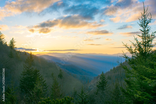 Morning sunrise over the Oconaluftee Valley in the Great Smoky Mountains National Park photo