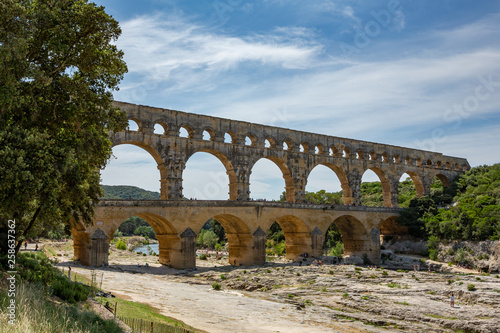 The magnificent three tiered Pont Du Gard aqueduct was constructed by Roman engineers in the 1st century AD in the south of France