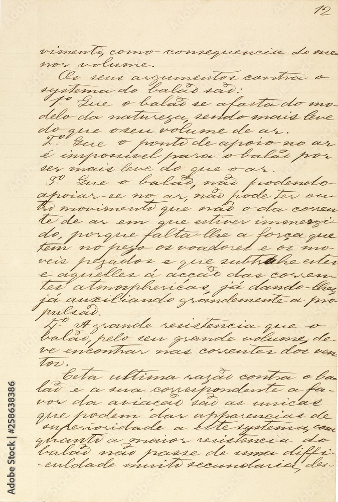 Página 12 do manuscrito “Memória sobre a navegação aérea” (1881), do inventor brasileiro Júlio Cézar Ribeiro de Souza (1843-1887)