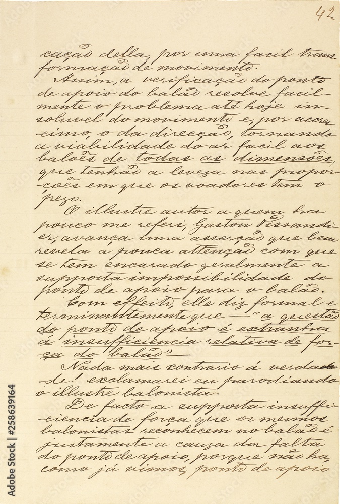 Página 42 do manuscrito “Memória sobre a navegação aérea” (1881), do inventor brasileiro Júlio Cézar Ribeiro de Souza (1843-1887)