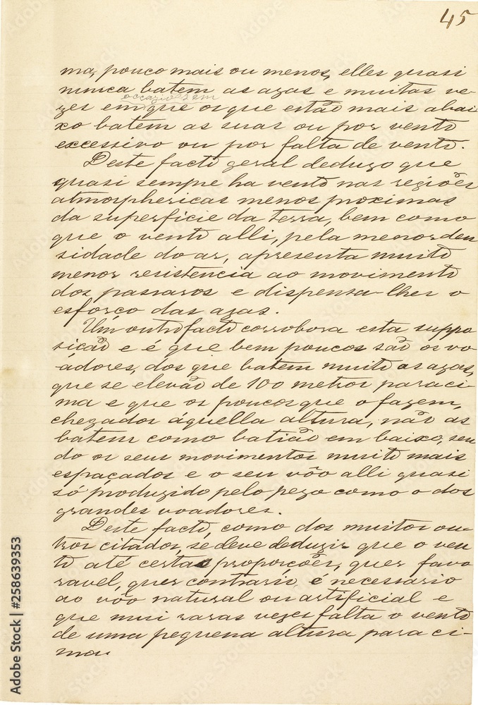 Obraz premium Página 45 do manuscrito “Memória sobre a navegação aérea” (1881), do inventor brasileiro Júlio Cézar Ribeiro de Souza (1843-1887)